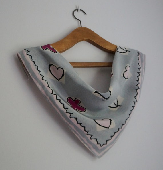 Small square light gray polyester scarf, purple c… - image 2