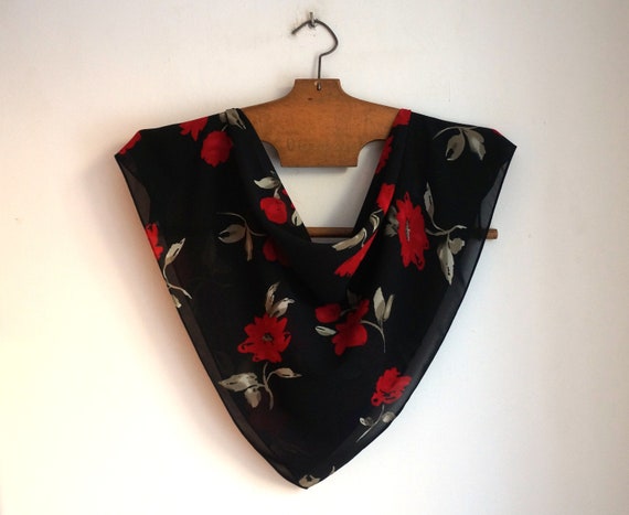 Polyester veil square scarf, red wild roses with … - image 2