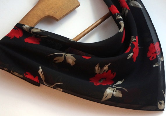 Polyester veil square scarf, red wild roses with … - image 5