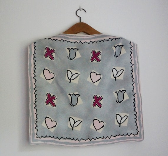 Small square light gray polyester scarf, purple c… - image 4