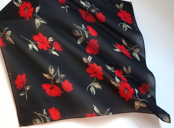Polyester veil square scarf, red wild roses with … - image 1