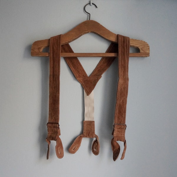 Boy's Bavarian lederhosen suspenders, brown suede dirndl harness, small size, vintage folk Alpentrachten fashion