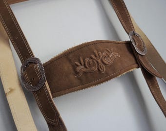 Bavarian lederhosen suspenders, chestnut brown suede harness, ornate buckles, medium size, vintage dirndl fashion
