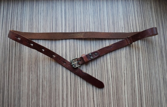 Narrow dark brown thick leather belt, numbered ho… - image 8