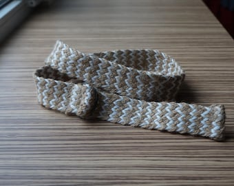Cinturón trenzado, cordel de yute y algodón blanco, estampado de espiga, anillas en D plateadas, talla mediana, accesorios vintage