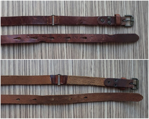 Narrow dark brown thick leather belt, numbered ho… - image 6