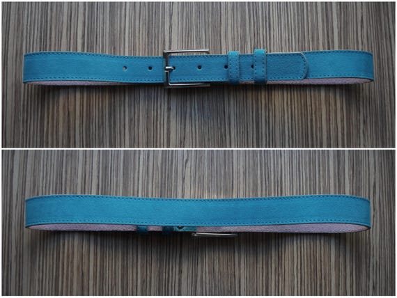 Turquoise  thick suede belt, rectangular silver b… - image 2