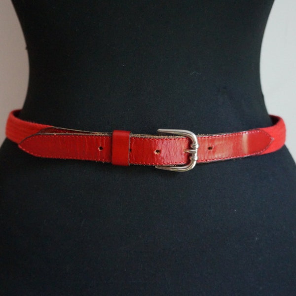 True red preppy belt, woven cotton ribbon, red genuine leather, silver buckle, medium size, vintage fashion accessories