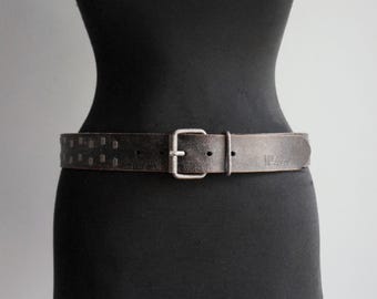 Black thick leather belt with beautiful patina, distress silver square buckle and rivets, medium size, vintage fashion accessories