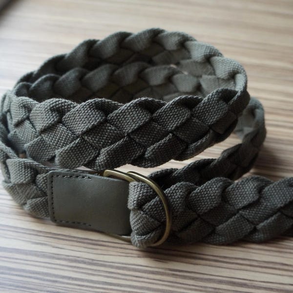 Ceinture kaki style militaire, sangle tissée et tressée, faux cuir vegan, Drings dorés, grande taille, accessoires de mode vintage