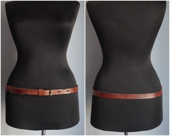 Narrow dark brown thick leather belt, numbered ho… - image 3