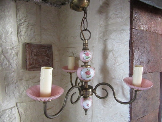 Chandelier Laura Ashley Style Pendant Electric Light Three Branch Pink Ceramic And Glass Ceiling French Vintage
