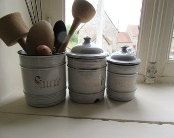 Enamel Storage canisters Chippy enamel Wooden utensils Kitchen storage French vintage