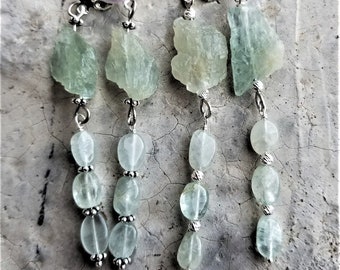 Gorgeous Long Aquamarine Earrings, Raw Aquamarine Nuggets, Smooth Aquamarine Ovals, Sterling Silver, Elegant Style, Statement Style, Magical