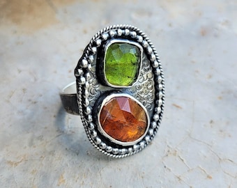 One-of-A-Kind Artisan Green Tourmaline & Orange Kyanite Oxidized Sterling Ring, Green and Orange Gemstone Sterling Arty Ring, US 8.25+,
