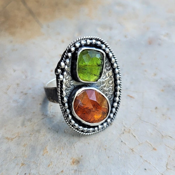 Oxidized Sterling Silver Ring, Green Tourmaline and Orange Kyanite, US 8.25