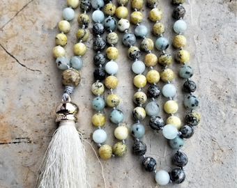 Hand Knotted Yellow Turquoise, Dalmation Jasper & Spider Stone Mala, Gemstone Mala with a Tassel, 108 Beads, Long Earthy Gemstone Necklace