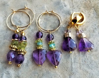 Amethyst and Peridot Earrings, Vivid Colors, Purple Earrings, Green Earrings, Boho style, Hand Forged Artisan Headpin, Beautiful & Fun, Gift