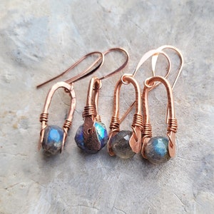 Artisan Copper and Labradorite "Horseshoe" Earrings, Unique Wire-Wrapped Earrings, Arty Style, 2 versions
