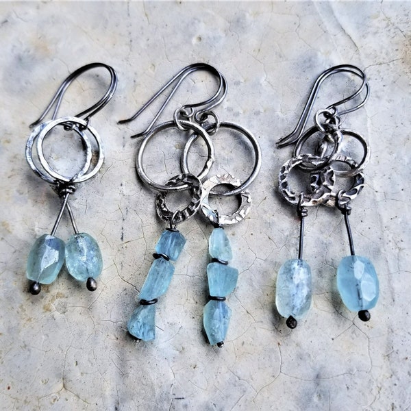 Artisan Oxidized Sterling Silver, Fine Silver Clay, & AA Aquamarine barrel earrings, 3 Versions, Cool Couture, Rustic Refinement