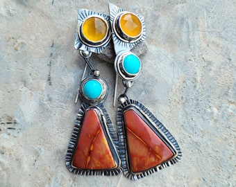 Artisan Triple Gem Earrings, Dazzling Mookaite and Yellow Chalcedony & Turquoise Arty Earrings, Brass Bits, Southwest Colors, Warm Colors