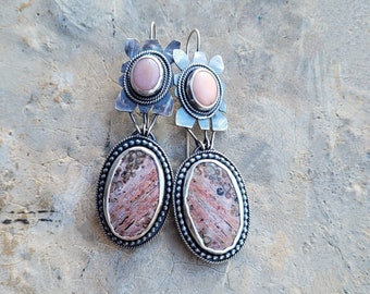 Artisan Leopard Skin Jasper and Pink Peruvian Opal Dangle Earrings, Oxidized Sterling, Multi-Stone Arty Earrings, Pink Passion, Great Gift