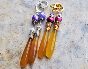 Yellow Chalcedony Drop Earrings with Ruby or Periwinkle Moonstones, Swarovski Crystals, Unique Style, Long Gorgeous Color Bombs!