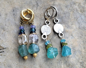 Raw Apatite Nugget Dangle Earrings, Silver and Gold-Filled Versions, Peridot, Tanzanite, Ancient Turkish Coin Embellishment, Gorgeous Blues