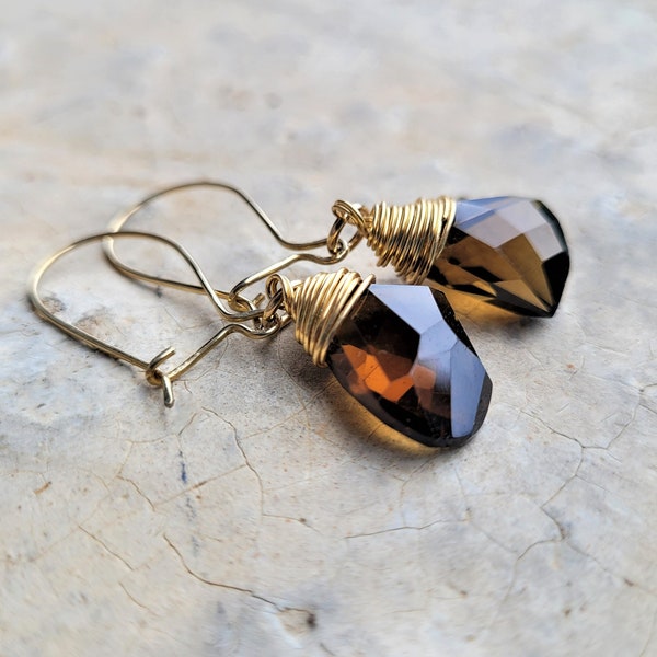Smoky Cognac Topaz Nuggets with Brass Wire-Wrapping and Brass Kidney Wires, Smoky Golden Earrings, Tawny Beauty, Deep Rich Coffee Color