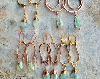 Brass & Copper Unique Artisan Earrings, Long Dangle Earrings with Blue/Green Gems, Aquamarines, Prehnites, Lots of Movement, Summer Beauty!