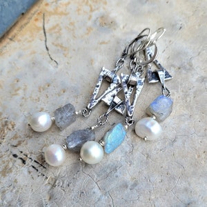 Artisan Sterling Triangles with Raw Labradorite and Big Pearl Earrings, Arty Style, Gorgeous Style