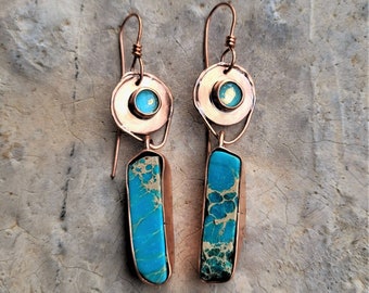Blue Jasper Slab and Turquoise/Crystal Doublet & Copper Dangle Earrings, Artisan Arty Earthy Earrings, Copper Crush