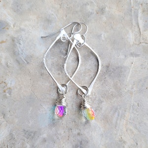 Artisan Sterling Arc Earrings with Sterling Wrapped Fire Rainbow Moonstone Quartz Drops, New Year's Eve Earrings, Flashy Sparklers image 1