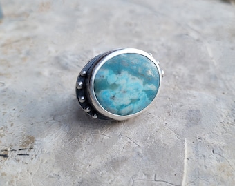 Blue Jasper and Sterling Ring, Big Blue Ring, Adjustable US Size 7.75, Substantial Sterling and Jasper Ring, Oxidized Sterling, Unisex Ring