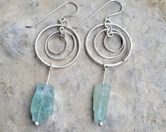 Hoops Within Hoops & Raw Aquamarine Earrings, Swirling Galaxy Earrings, Artisan Sterling Hoops with Rough Aquamarine Slabs, Soft Sea Colors