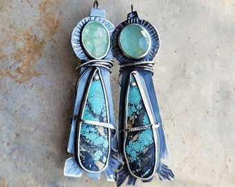 One-of-A-Kind Artisan Natural Turquoise & Aquamarine Oxidized Sterling Earrings, Blue Green Earrings, Arty Sculpture Style, 8.9g