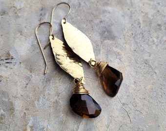 Long Hammered Brass and Brass Wire Wrapped Cognac Topaz Earrings, Rich Warm Colors, Golden Brassy Earrings, Artisan Topaz Earrings