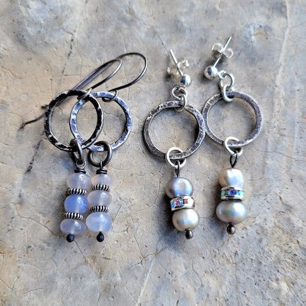 Artisan Vertically Stacked Gemstone Earrings: Rare Lavender Chalcedony or Freshwater Pearl & Rhinestones, Hand Fabricated Sterling Rings