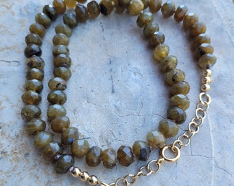 Hand-Knotted Green Labradorite Rondelle Necklace, Olive Labradorite Necklace, Gold-Filled Accents, Classic Style