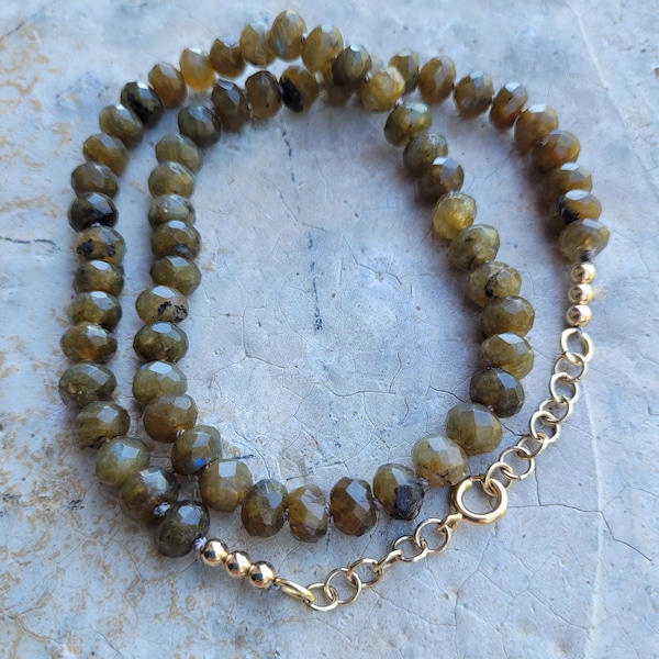 Hand-Knotted Green Labradorite Rondelle Necklace, Olive Labradorite Necklace, Gold-Filled Accents, Classic Style