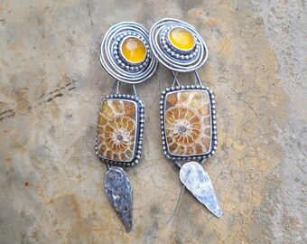 One-of-A-Kind Ammonite Fossil and Yellow Chalcedony Earrings, Rustic Golden Beauty, Oxidized Sterling, Heavy Earrings, 13.3g