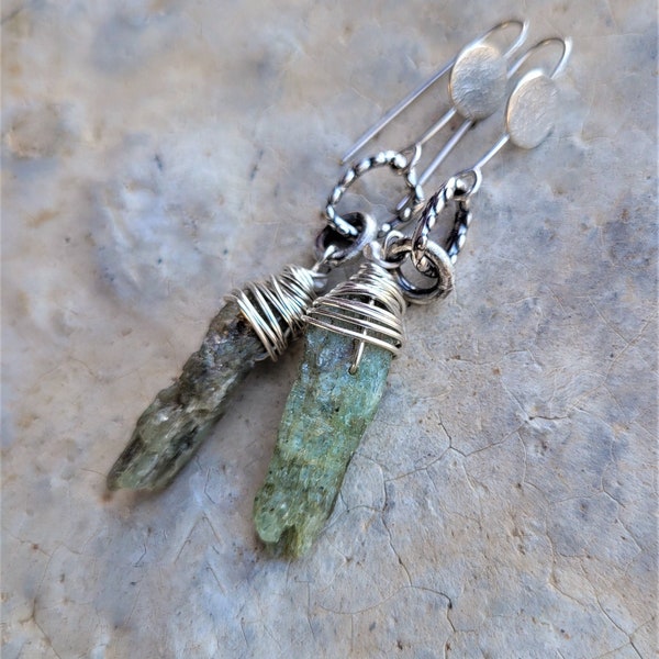 Rustic Hand Fabricated Green Kyanite Shard & Sterling Earrings, Rustic Beauty, Raw Brutalist Style