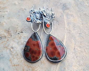 Reticulated Sterling and Peanut Obsidian & Carnelian Artisan Earrings, Edgy Beauty, Warm Colors, Orange Crush Earrings, One-of-A-Kind, 10g