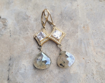 Gorgeous Gold Earrings with Rutilated Quartz Briolettes and AAAAA CZ's, Gold Rhodium and Gold-Filled Components, Stunning Wow Style