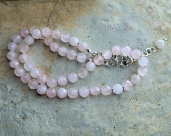 Hand Knotted Faceted Rose Quartz & Sterling Necklace, Pale Pink Knotted Necklace, Love Color, Perfect For Layering, Artisan Sterling Chain