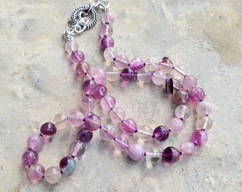 Hand-Knotted Fluorite Necklace: Purple Silk Thread, Pewter Clasp