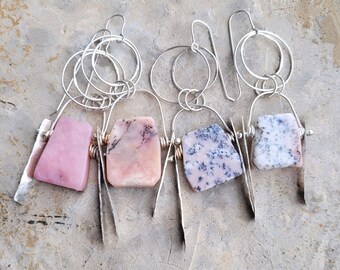 Artisan Pink Opal Slab Trapeze Earrings, Hammered Sterling Trapeze Dangle Earrings, Only 2 Pairs Left, 9-11g