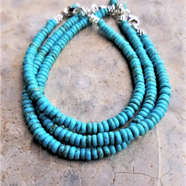 Genuine Natural Turquoise Rondelle Bracelet with 925 Sterling Lobster Clasp, Southwest Style