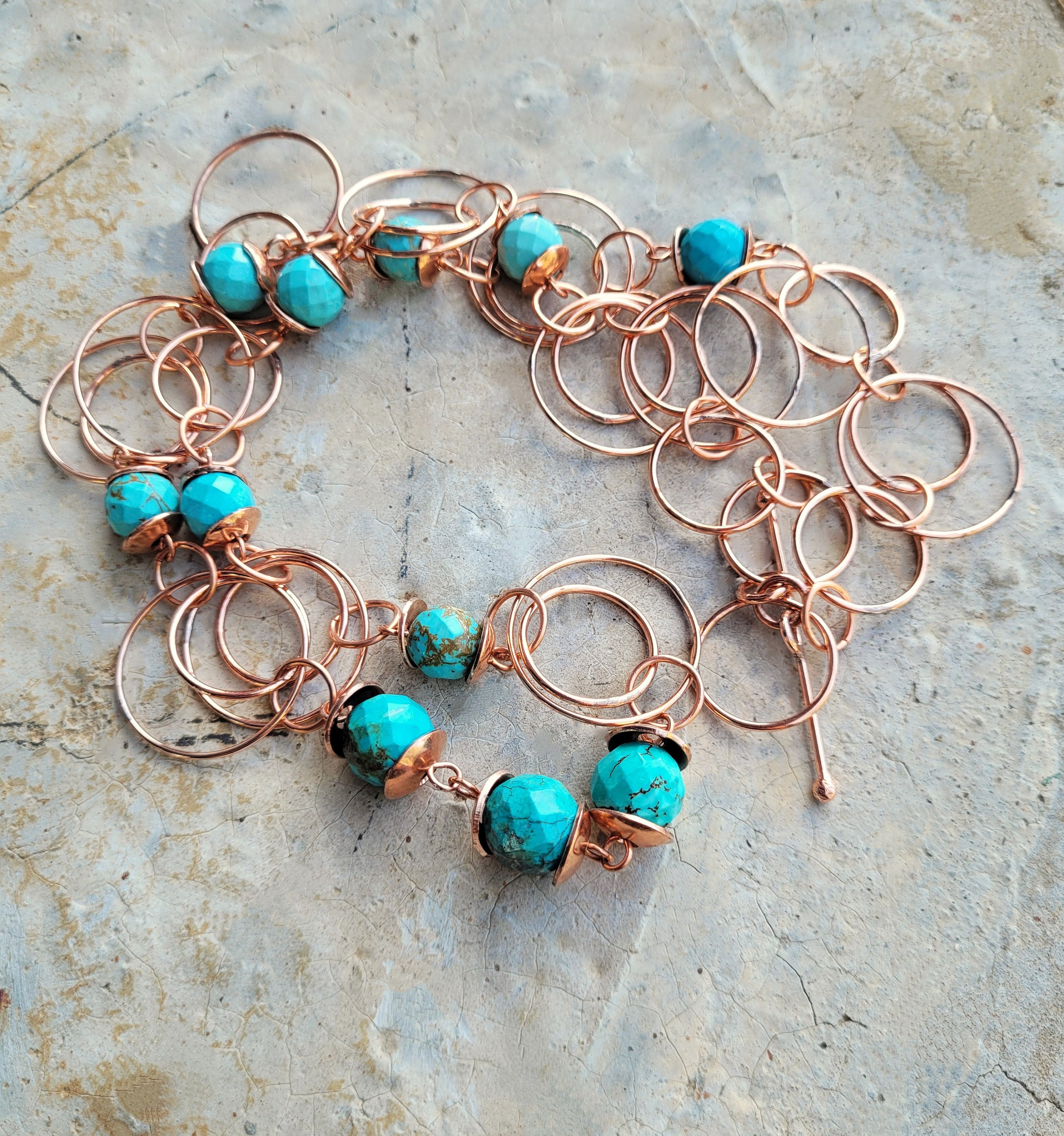 Rustic Turquoise Copper Ring Necklace: Handmade Artisan Chain