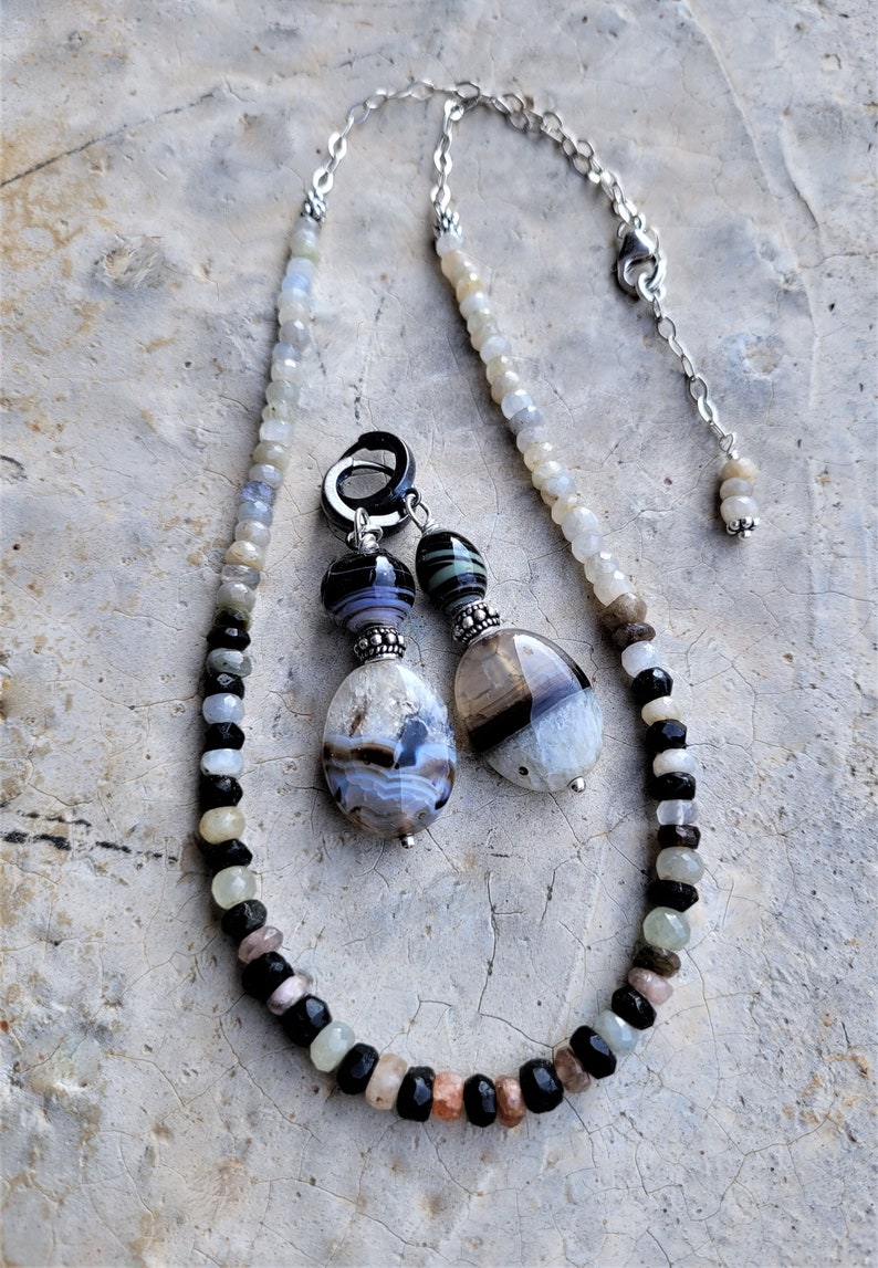 White Burmese Sapphires, Black Tourmalines & Sterling Necklace Refined Style Sapphires and Tourmalines Arty Earthy Neutral Necklace image 6